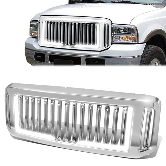PARRILLA GRILLE - 05-07 FORD F-250, F-350, F-450, F-550 / 2005 FORD EXCURSION - VERTICAL FENCE STYLE - W/ LED DRL LIGHT - LED'S REQUIRE WIRING INTO EXISTING LIGHTING - CHROME