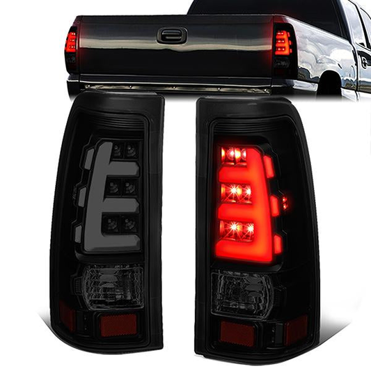 FAROS TRASEROS 99-02 CHEVY SILVERADO 1500, SILVERADO 2500, SILVERADO 3500HD / 99-03 GMC SIERRA 1500, SIERRA 2500HD - FITS FLEETSIDE MODELS ONLY - LED - SMOKE