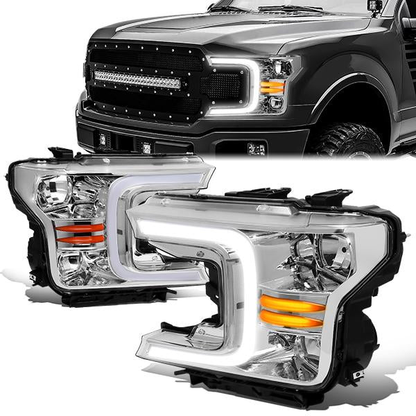 FAROS 18-21 FORD F-150 - FITS MODELS WITH HALOGEN HEADLIGHTS ONLY - C-BAR LED DRL - SEQUENTIAL LED - CHROME HOUSING / AMBER CORNER