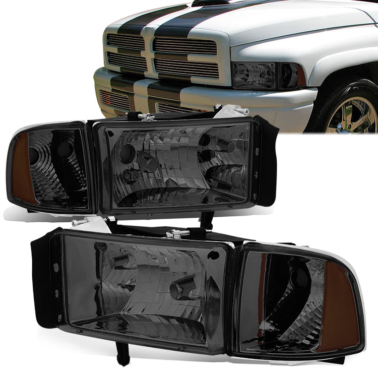 FAROS 94-01 DODGE RAM 1500 / 94-02 DODGE RAM 2500 , 3500 2/4-DOOR - DOES NOT FIT SPORT MODELS OR RAM VAN MODELS - SMOKE HOUSING / AMBER CORNER - 9004 LOW BEAM / HIGH BEAM