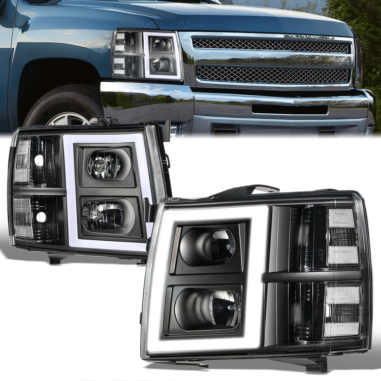 FAROS 07-13 CHEVY SILVERADO 1500 / 07-14 SILVERADO 2500 HD, 3500 - DOES NOT FIT 2007 OLD BODY CLASSIC MODELS - FITS MODELS WITH HALOGEN HEADLIGHTS ONLY - RECTANGLE LED DRL - BLACK HOUSING / CLEAR CORNER