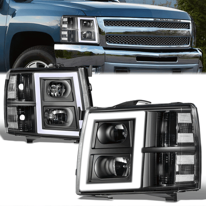 FAROS 07-13 CHEVY SILVERADO 1500 / 07-14 SILVERADO 2500 HD, 3500 - DOES NOT FIT 2007 OLD BODY CLASSIC MODELS - FITS MODELS WITH HALOGEN HEADLIGHTS ONLY - RECTANGLE LED DRL - BLACK HOUSING / CLEAR CORNER