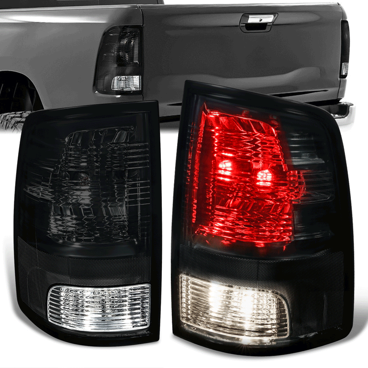 FAROS TRASEROS 09-10 DODGE RAM 1500 / 2010 RAM 2500, 3500 / 11-18 RAM 1500, 2500, 3500 / 19-22 RAM 1500 CLASSIC - FITS MODELS WITH FACTORY HALOGEN TAIL LIGHTS ONLY - DOES NOT FIT MODELS WITH FACTORY LED TAIL LIGHTS - LED - PAIR - BLACK / SMOKE