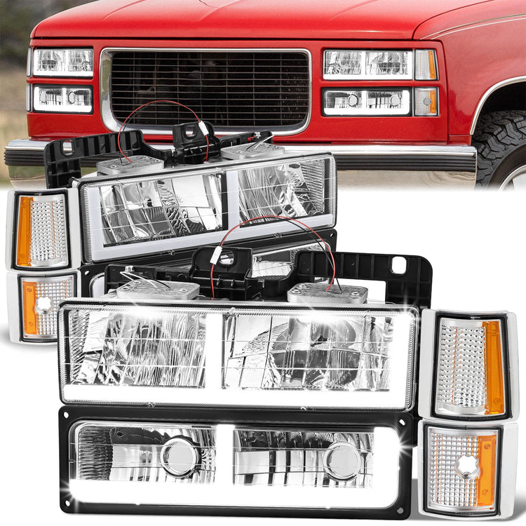FAROS CLEAR LENS,AMBER REFLECTOR,CHROME HOUSING - 8PCS - LED BAR - 94-99 GMC C1500 K1500 YUKON / 94-99 GMC C1500 SUBURBAN C2500 SUBURBAN K1500 SUBURBAN K2500 SUBURBAN / 94-00 GMC C2500 C3500 K2500 K3500 - FITS MODELS WITH COMPOSITE HEADLIGHTS ONLY