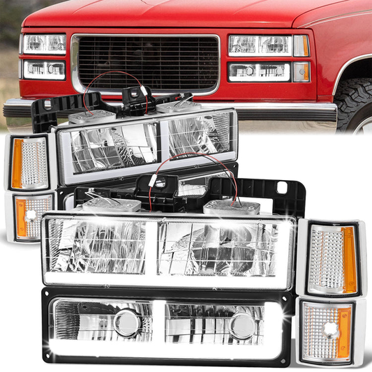 FAROS CLEAR LENS,AMBER REFLECTOR,CHROME HOUSING - 8PCS - LED BAR - 94-99 GMC C1500 K1500 YUKON / 94-99 GMC C1500 SUBURBAN C2500 SUBURBAN K1500 SUBURBAN K2500 SUBURBAN / 94-00 GMC C2500 C3500 K2500 K3500 - FITS MODELS WITH COMPOSITE HEADLIGHTS ONLY