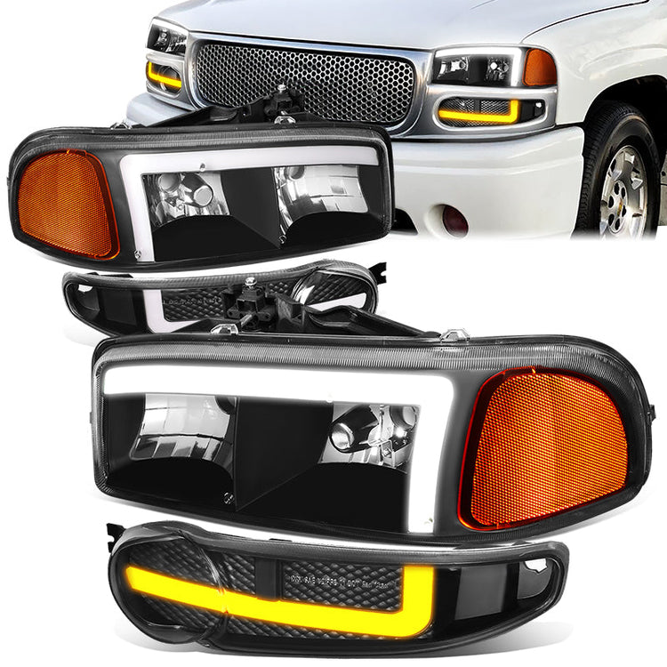 FAROS 01 GMC SIERRA C3 / 02-06 SIERRA 1500 DENALI / 07 SIERRA 1500 DENALI CLASSIC / 01-06 YUKON DENALI, YUKON XL 1500 DENALI - 9006 BULB FOR LOW BEAM - NOTCHING OF BULB BASE MAY BE REQUIRED TO FIT INTO 9005 BULB PLUG - LED DRL - 4PC - BLACK / AMBER