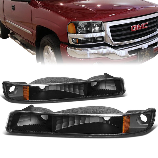 CUARTOS LUZ 99-06 GMC SIERRA 1500, 2500, 3500 AND HD MODELS / 2007 SIERRA 1500, 2500, 3500 AND HD MODELS CLASSIC ONLY / 00-06 YUKON 1500, 2500 - DOES NOT FIT C3 OR DENALI MODELS - 2PC - BLACK / AMBER CORNER