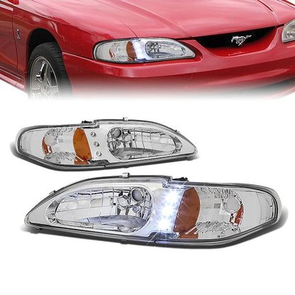 FAROS 94-98 FORD MUSTANG 2-DOOR - 1PC - LED - CHROME HOUSING / AMBER CORNER - 9007 LOW BEAM / HIGH BEAM