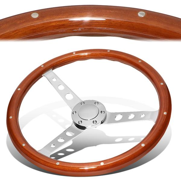 VOLANTE STEERING WHEEL - 2"DEEP DISH - 3-SPOKE WITH HOLE CUTOUT STYLE - 15" RIVETED WOOD GRAIN - VINTAGE STYLE - VEHICLES WITH AFTERMARKET 6-BOLT X 70MM PATTERN STEERING WHEEL HUBS