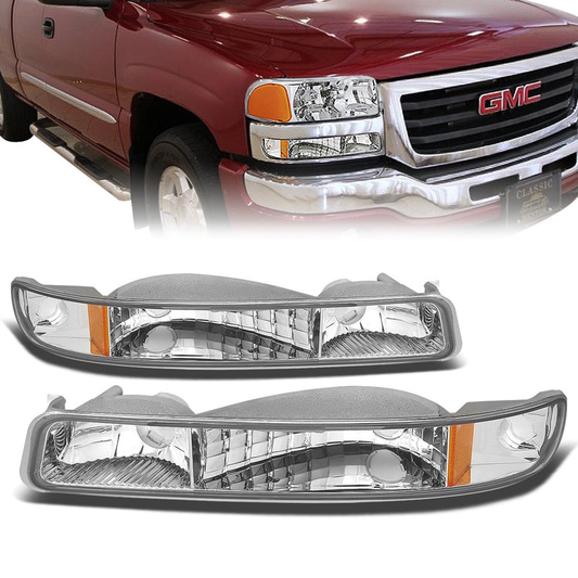 CUARTOS LUZ 99-06 GMC SIERRA 1500, 2500, 3500 AND HD MODELS / 2007 SIERRA 1500, 2500, 3500 AND HD MODELS CLASSIC ONLY / 00-06 YUKON 1500, 2500 - DOES NOT FIT C3 OR DENALI MODELS - 2PC - CHROME / AMBER CORNER