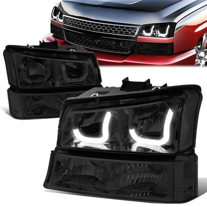 FAROS 03-06 CHEVY SILVERADO 1500, 2500, 3500, 1500HD, 2500HD, AVALANCHE 1500, AVALANCHE 2500 / 2007 CHEVY SILVERADO 1500, 1500HD, 2500HD, 3500 CLASSIC - J-HALO LED DRL - 4PC - SMOKE HOUSING / CLEAR CORNER