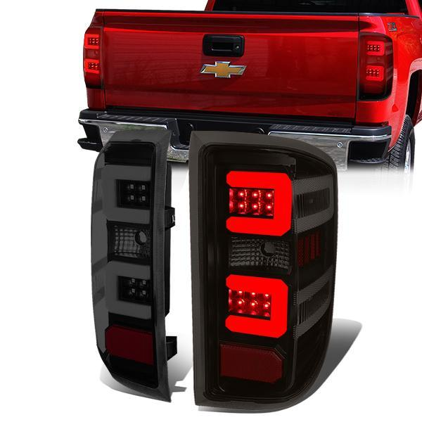 FAROS TRASEROS 14-19 CHEVY SILVERADO 1500 - 15-19 SILVERADO 2500HD 3500HD - 15-19 GMC SIERRA 3500HD DUAL REAR WHEELS - HALOGEN TAIL LIGHT MODELS ONLY - C-BAR - DUAL 3D STRIPS - LED - BLACK / SMOKE
