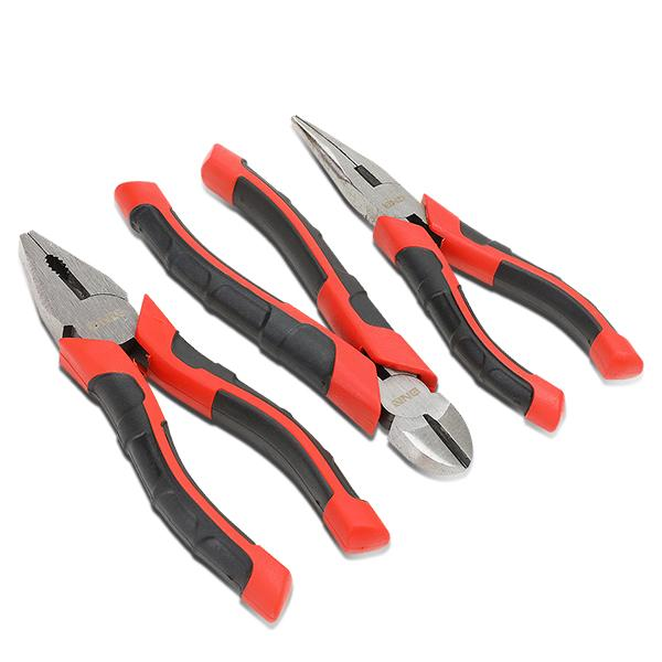 HERRAMIENTAS DNA LOGO - 3PC - 6-1/2" LINESMAN PLIER, 6-1/2" NEEDLE NOSE PLIER, 6-1/2" DIAGONAL CUTTER - 1/2" JAW OPENING - BLACK / RED RUBBER GRIP