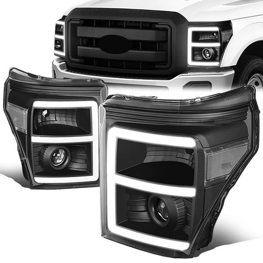 FAROS 11-16 FORD F-250, F-350, F-450, F-550 - SUPER DUTY 2/4-DOOR - LED E-BAR - HALO PROJECTOR - BLACK HOUSING / CLEAR CORNER - H7 LOW BEAM / H7 HIGH BEAM / 3157A SIGNAL 2825 MARKER