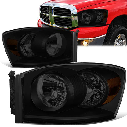 FAROS 06-08 DODGE RAM 1500 / 06-09 DODGE RAM 2500 , 3500 - FITS MODELS W/ HALOGEN HEADLAMPS ONLY - H13 LOW BEAM / HIGH BEAM - BLACK HOUSING / SMOKE LENS / AMBER CORNER