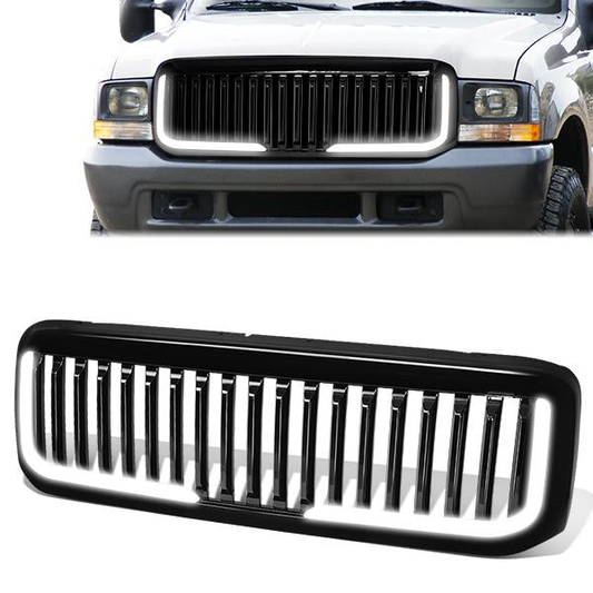 PARRILLA GRILLE - 99-04 FORD F-250, F-350, F-450, F-550 - VERTICAL FENCE STYLE - W/ LED DRL LIGHT - LED'S REQUIRE WIRING INTO EXISTING LIGHTING - BLACK