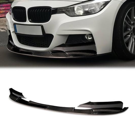 LIP FRONTAL 12-13 BMW 325I M-SPORT / 13-15 328I M-SPORT / 13-18 320I M-SPORT / 2016 340I M-SPORT / 16-18 330I M-SPORT - FITS M-SPORT MODELS ONLY - REQUIRES DRILLING BUMPER FOR INSTALLATION - 3PC - REAL CARBON FIBER