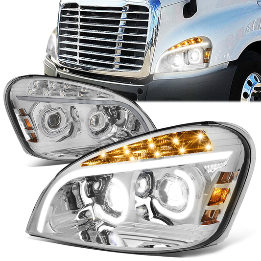 FAROS 08-17 FREIGHTLINER CASCADIA - MARKER & TURN SIGNAL LIGHTS NEED TO BE WIRED INTO EXISTING LIGHTING HARNESS - FULL LED C-HALO PROJECTORS WITH 3D LIGHT BAR - CHROME