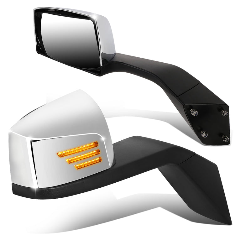 RETROVISOR HOOD MIRROR - 04-18 VOLVO VN SERIES - FITS MODELS W/ UNPOWERED / UNHEATED GLASS MIRRORS ONLY - MARKER / TURN SIGNAL LIGHTS NEED TO BE WIRED INTO EXISTING LIGHTING HARNESS - MANUAL - SEQUENTIAL LED - CHROME