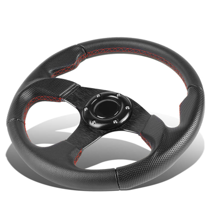 VOLANTE STEERING WHEEL - 320MM - PVC BLACK LEATHER - THUMB GRIPS - 6-BOLT - ALUMINUM - BLACK CENTER W/ RED STITCH