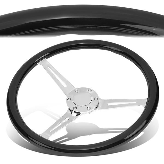 VOLANTE STEERING WHEEL - 2"DEEP DISH - 3-SPOKE WITH NEEDLE CUTOUT STYLE - 15" BLACK WOOD GRAIN - VINTAGE STYLE - VEHICLES WITH AFTERMARKET 6-BOLT X 70MM PATTERN STEERING WHEEL HUBS