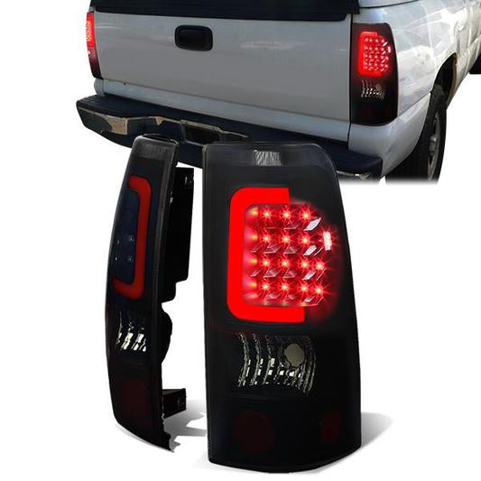 FAROS TRASEROS 99-02 CHEVY SILVERADO 1500 , 2500 , 3500 , HD MODELS / 99-03 GMC SIERRA 1500 , 2500 , HD MODELS - RED C-BAR - 3D - U-HALO LED - BLACK / SMOKE