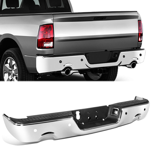BURRERA TRASERA 09-19 DODGE RAM 1500 - ALSO FITS 19 RAM 1500 CLASSIC - W/ DUAL EXHAUST & W/ BACKUP SENSORS - FITS MODELS W/ DUAL EXHAUST W/ BACKUP SENSORS - CHROME/STEEL
