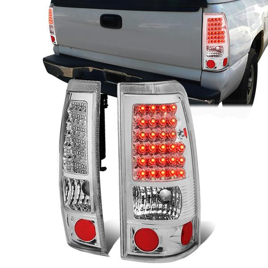 FAROS TRASEROS 99-02 CHEVY SILVERADO 1500 , 2500 , 3500 , HD MODELS / 99-03 GMC SIERRA 1500 , 2500 , 3500 , HD MODELS - LED - CHROME / CLEAR