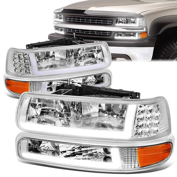 FAROS 99-02 CHEVY SILVERADO 1500, 2500 / 01-02 CHEVY SILVERADO 1500HD, SILVERADO 2500HD, SILVERADO 3500 / 00-06 CHEVY SUBURBAN 1500, SUBURBAN 2500, TAHOE - LED DRL - DRL REQUIRES WIRING INTO EXISTING LIGHTING HARNESS - 4PC - CHROME HOUSING / AMBER CORNER