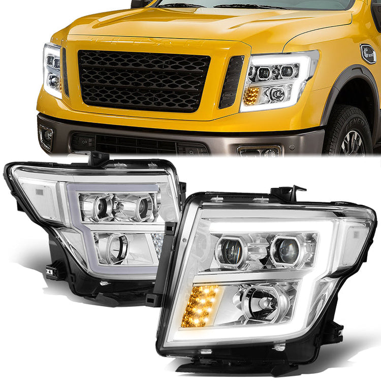 FAROS 17-22 NISSAN TITAN / 16-22 NISSAN TITAN XD - FITS MODELS WITH HALOGEN HEADLIGHTS ONLY - DOES NOT FIT FACTORY HID EQUIPPED MODELS - PROJECTOR CONVERSION LED RUNNING LIGHT STRIP - H1 LOW BEAM / H1 HIGH BEAM / 2825 SIDE MARKER - CHROME HOUSING / CLEAR