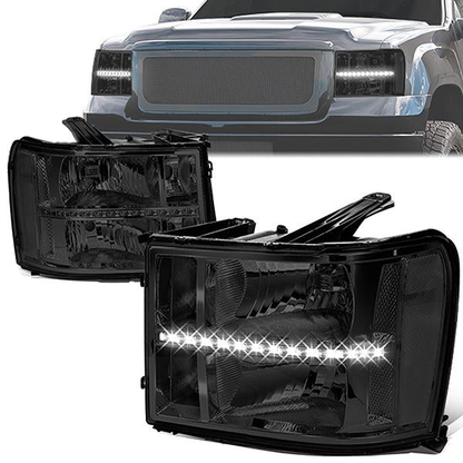 FAROS 07-13 GMC SIERRA 1500 / 07-14 GMC SIERRA 2500, 3500 - DOES NOT FIT 2007 CLASSIC STYLES - LED DRL STRIP - SMOKE HOUSING / CLEAR CORNER