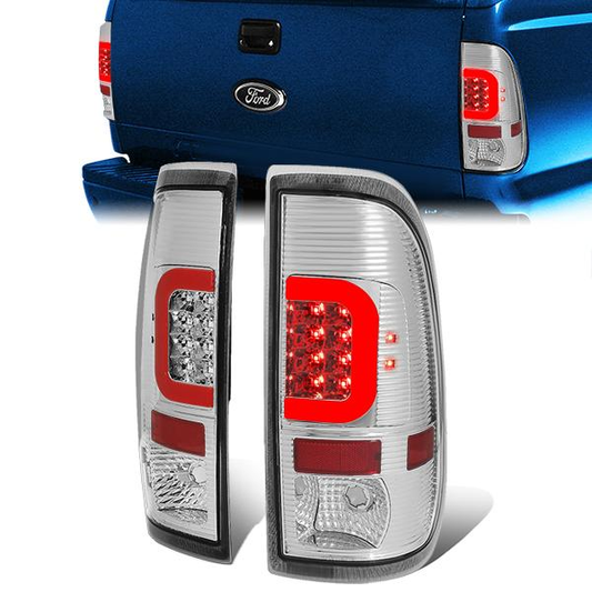 FAROS TRASEROS 08-16 FORD F-250, F-350, F-450, F-550 - SUPER DUTY / 09-16 FORD F-350, F-450 / 15-16 FORD F-550 - RED C-BAR - 3D - LED - CHROME / CLEAR