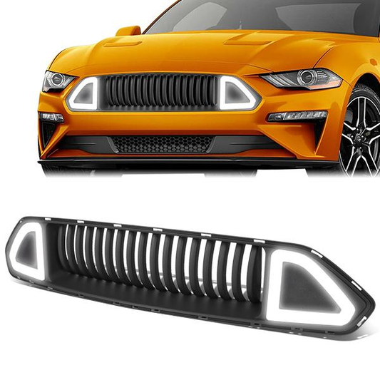 PARRILLA FRONT UPPER GRILLE - 18-20 FORD MUSTANG - VERTICAL FENCE STYLE - W/ LED DRL LIGHT - TRIANGLE LED - BLACK