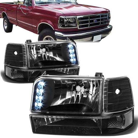 FAROS 92-96 FORD F-150, F-250, F-350, BRONCO 2/4-DR - 6PC - LED - 9007 LOW BEAM / HIGH BEAM - 3157A TURN SIGNAL - BLACK HOUSING / CLEAR CORNER