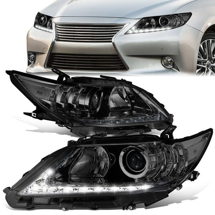 FAROS 13-15 LEXUS ES300H / 13-15 LEXUS ES350 - FITS MODELS WITH HALOGEN HEADLIGHTS ONLY - DOES NOT FIT FACTORY HID EQUIPPED MODELS - H11 LOW BEAM / 9005 HIGH BEAM / 7444NA TURN SIGNAL / 168 SIDE MARKER - CHROME HOUSING / SMOKED LENS / AMBER CORNER