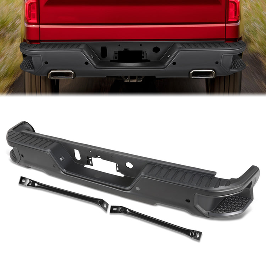 DEFENSA TRASERA 19-23 CHEVY SILVERADO 1500 GMC SIERRA 1500 ALSO FITS CHEVY SILVERADO 1500 LTD 22 AND GMC SIERRA 1500 LIMITED 22 - CORNER STEP MODEL W/ PARKING SENSOR HOLES - W/ EXHAUST CUTOUTS - BLACK/STEEL