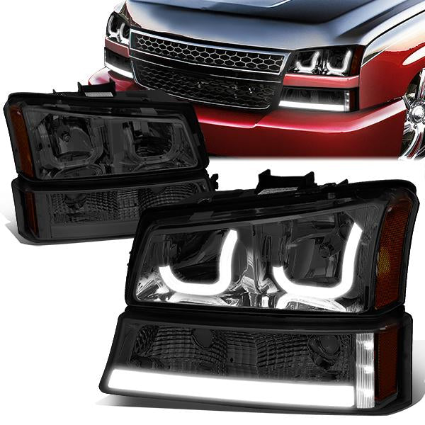 FAROS 03-06 CHEVY SILVERADO 1500, 2500, 3500, 1500HD, 2500HD, AVALANCHE 1500, AVALANCHE 2500 / 2007 CHEVY SILVERADO 1500, 1500HD, 2500HD, 3500 CLASSIC - FITS MODELS WITHOUT FACTORY CLADDING ONLY - J-HALO - LED DRL - 4PC SMOKE HOUSING / AMBER CORNER