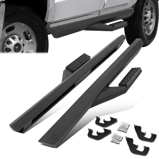 ESTRIBOS 3" - SIDE ARM STYLE - ALUMINUM - 07-18 CHEVY SILVERADO 1500, GMC SIERRA 1500 / 07-19 CHEVY SILVERADO 2500HD, SILVERADO 3500HD, GMC SIERRA 2500HD, SIERRA 3500HD - REGULAR CAB - BLACK