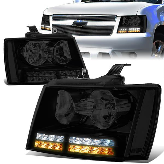FAROS 07-13 CHEVY AVALANCHE / 07-14 CHEVY TAHOE / 07-14 CHEVY SUBURBAN 1500 / 07-13 CHEVY SUBURBAN 2500 - LED DRL - BLACK HOUSING / SMOKE LENS / CLEAR CORNER - H1 LOW BEAM / H1 HIGH BEAM