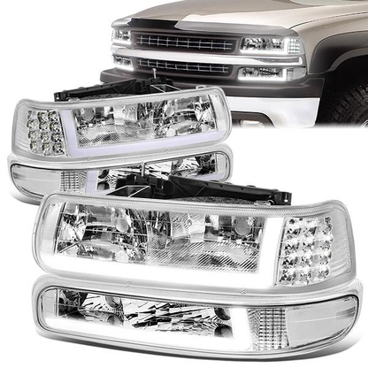 FAROS 99-02 CHEVY SILVERADO 1500, 2500 / 01-02 CHEVY SILVERADO 1500HD, SILVERADO 2500HD, SILVERADO 3500 / 00-06 CHEVY SUBURBAN 1500, SUBURBAN 2500, TAHOE - LED DRL - DRL REQUIRES WIRING INTO EXISTING LIGHTING HARNESS - 4PC - CHROME HOUSING / CLEAR CORNER