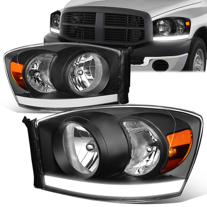 FAROS 06-08 DODGE RAM 1500 / 06-09 RAM 2500 , 3500 2/4-DOOR - FOR 2009 , FIT OLD BODY STYLE ONLY - DOES NOT FIT NEW BODY STYLE MODELS - STOCK HEADLIGHTS WITHOUT AMBER BAR - LED DRL - BLACK HOUSING / AMBER CORNER - H13 LOW BEAM / HIGH BEAM