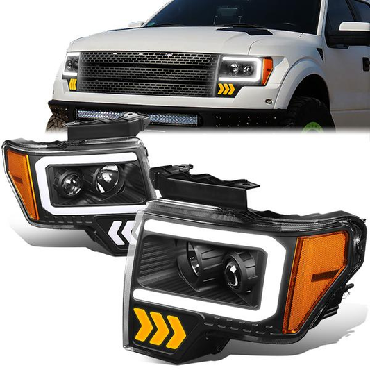 FAROS 09-14 FORD F-150 - ONLY FITS MODELS WITH HALOGEN HEADLIGHTS WITHOUT PROJECTOR - DAYTIME RUNNING LIGHT BAR REQUIRES WIRING INTO EXISITING LIGHTING HARNESS - LED DRL - PROJECTOR LOW BEAM - BLACK HOUSING / AMBER CORNER - H1 HIGH, H1 LOW BEAM, 19