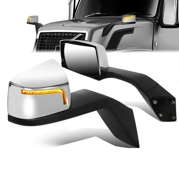 RETROVISOR HOOD MIRROR - 04-18 VOLVO VN SERIES - FITS MODELS W/ UNPOWERED / UNHEATED GLASS MIRRORS ONLY - MARKER / TURN SIGNAL LIGHTS NEED TO BE WIRED INTO EXISTING LIGHTING HARNESS - MANUAL - SEQUENTIAL LED - CHROME