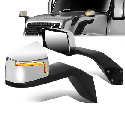 RETROVISOR HOOD MIRROR - 04-18 VOLVO VN SERIES - FITS MODELS W/ UNPOWERED / UNHEATED GLASS MIRRORS ONLY - MARKER / TURN SIGNAL LIGHTS NEED TO BE WIRED INTO EXISTING LIGHTING HARNESS - MANUAL - SEQUENTIAL LED - CHROME