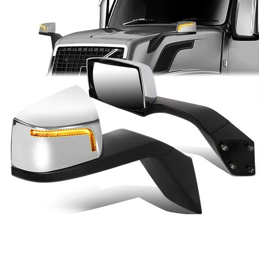 RETROVISOR HOOD MIRROR - 04-18 VOLVO VN SERIES - FITS MODELS W/ UNPOWERED / UNHEATED GLASS MIRRORS ONLY - MARKER / TURN SIGNAL LIGHTS NEED TO BE WIRED INTO EXISTING LIGHTING HARNESS - MANUAL - SEQUENTIAL LED - CHROME