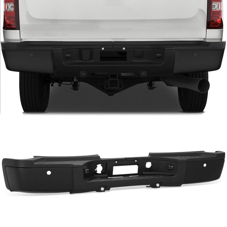 DEFENSA TRASERA 07-10 CHEVROLET SILVERADO 2500 HD / 07-10 CHEVROLET SILVERADO 3500 HD / 07-10 GMC SIERRA 2500 HD / 07-10 GMC SIERRA 3500 HD - WITH REAR PARKING SENSOR HOLES - FITS MODELS WITH SINGLE REAR WHEELS - BLACK
