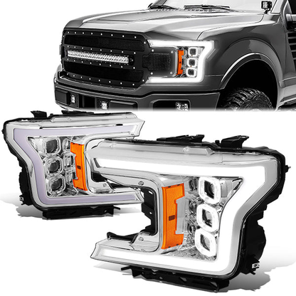 FAROS 18-20 FORD F-150 - FITS MODELS WITH HALOGEN HEADLIGHTS ONLY - SEQUENTIAL LED DRL RING - PROJECTOR HIGH / LOW BEAM - CHROME HOUSING / AMBER CORNER - 194 MARKER - REUSE FACTORY BULB