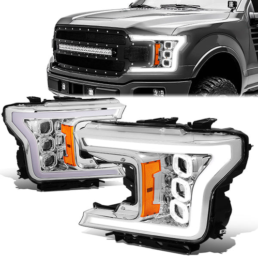 FAROS 18-20 FORD F-150 - FITS MODELS WITH HALOGEN HEADLIGHTS ONLY - SEQUENTIAL LED DRL RING - PROJECTOR HIGH / LOW BEAM - CHROME HOUSING / AMBER CORNER - 194 MARKER - REUSE FACTORY BULB