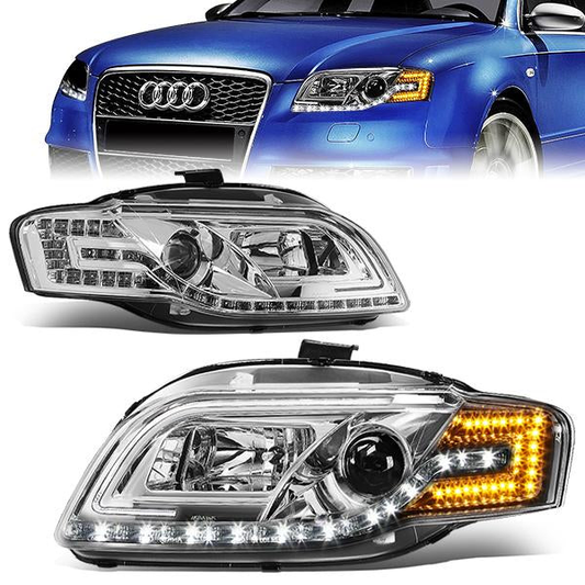 FAROS 06-08 AUDI A4, A4 QUATTRO, S4 - FOR 2005 MODELS, ONLY FITS NEW BODY - FITS SEDAN / WAGON MODELS WITH HALOGEN HEADLIGHTS ONLY -  DOES NOT FIT CABRIO AND CABRIOLET MODELS - LED DRL - HALO PROJECTOR - CHROME HOUSING / CLEAR LENS / AMBER SIGNAL