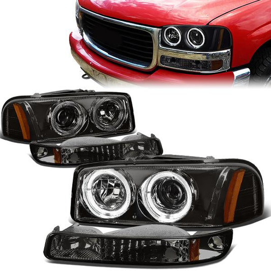 FAROS 99-07 GMC SIERRA , YUKON 4-DOOR - LED - DUAL HALO PROJECTOR - SMOKE HOUSING / AMBER CORNER - 9005 LOW BEAM / HIGH BEAM